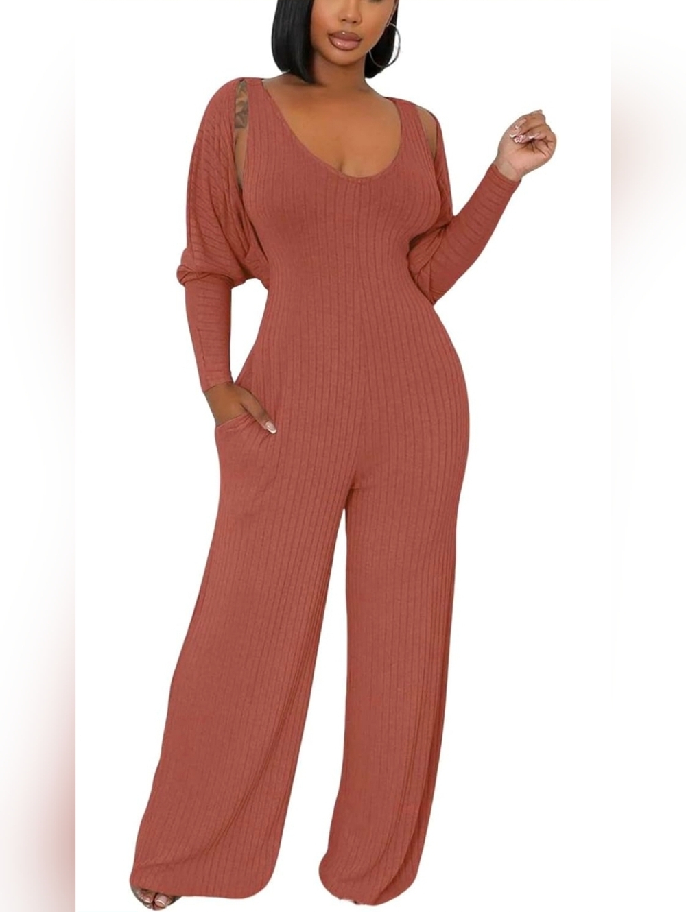 NWOT- 2 Piece Wide Leg Ribbed Knit Jumpsuit With Crop Cardigan